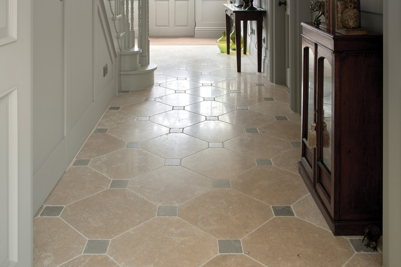 Coliseum Tumbled Limestone cut to Octagons with Lanford Tumbled Limestone Cabochons